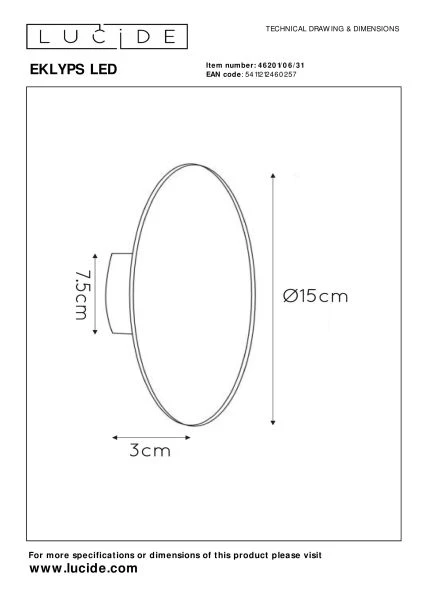 Lucide EKLYPS LED - Wandleuchte - Ø 15 cm - LED - 1x7W 3000K - Weiß - technisch